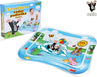 A product box and an inflatable water mat for babies, featuring cartoon characters.