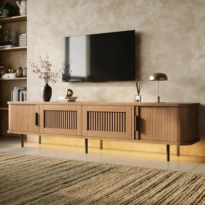 Produktbild von okwish Multifunktional TV Schrank mit 2 Lamellen-Schubladen, Lowboard mit LED und 2 Schiebetüren, Fernsehbank in Natur