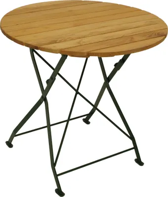 A round wooden folding table with a dark green metal base, shown against a white background.