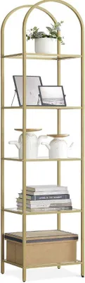 Immagine prodotto di Libreria a 5 ripiani | Ripiani in vetro temperato | Struttura ad archi in metallo | Mobile contenitore per soggiorno, camera da letto, studio, bagno | Oro metallizzato e trasparente