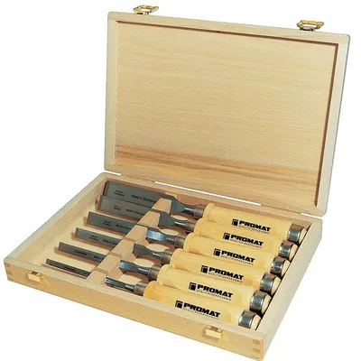 Produktbild von Stechbeitelsatz 6,10,12,16,20,26mm Weißbuchenh.Ulmer Form 6-tlg.HO-Kasten PROMAT