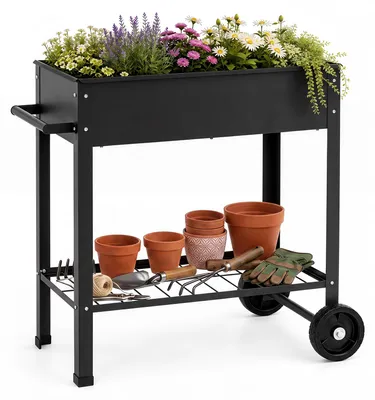Produktbild von COSTWAY Hochbeet Metall, erhöhtes Gartenbeet mit Rollen, Ablage, Griff & Ablauflöchern, Kräuterbeet, Gemüsebeet, Pflanzkasten Blumenkübel, 88x37x80cm