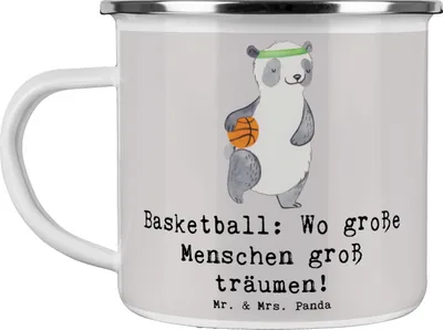 Produktbild von Mr. & Mrs. Panda Reisebecher Basketball Träume - Grau Pastell - Geschenk, Emaille Tasse, Teamsport, Sportart, emaillebecher, Sportler, Sport, Pott, Teamarbeit, Motivtasse