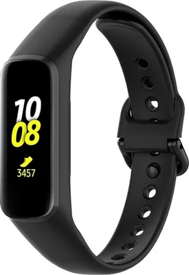 A black fitness tracker with a black band is shown against a white background.