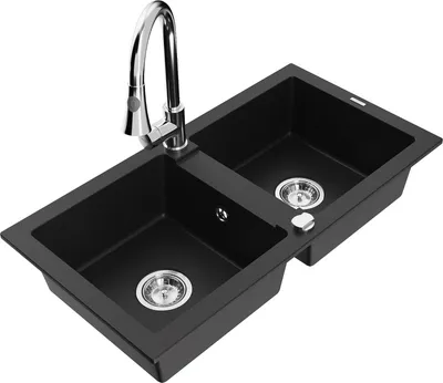 Produktbild von Mexen Mario 2-Becken-Granitspüle mit Mischbatterie Elia, Schwarz - 6504-77-670101-00
