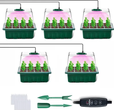 A set of five mini greenhouses with grow lights, along with gardening tools and plant markers, arranged on a white background.