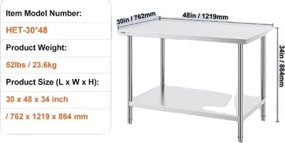 Image de Table de travail, acier inoxydable, étagères réglables, 30x48pouces
