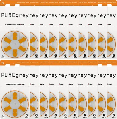 Produktbild von PUREgrey Hörgerätebatterien Typ 13-120 Stück Hörgeräte Batterien konzipiert für höchste Leistung – Pack mit 20 Blistern à 6 Hörgerätebatterien – PR48 Farbcode orange 1,45 Volt