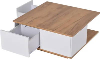 Produktbild von Merax Couchtisch mit 3 Schubladen, Hochglanz Sofatisch mit halboffener Stauraum, Wohnzimmertisch, Beistelltisch, quadratisch, Weiß + Holz