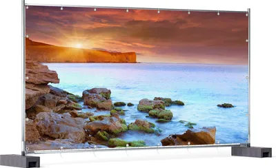 Produktbild von Wallario XXL Outdoor-Poster für Garten oder Balkon, Motiv Sonnenaufgang am Meer mit Landzunge und Felsen im Wasser, in ca. 340 x 173 cm