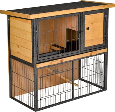 Zdjęcie produktu dla PawHut klatka dla królików 2-poziomowa klatka dla królików wykonana z litego drewna dwupiętrowy domek z zamykanymi drzwiami 89,5 x 45 x 81 cm klatka dla królików mała klatka dla królików klatka dla królików na zewnątrz jasnożółta