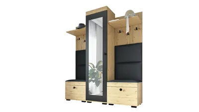 Produktbild von Flurgarderobe DUO-2, Spiegel, Garderobenschrank, 2 Schuhschränke, 6 Kleiderhaken, 2 Hutablagen - Artisan Eiche