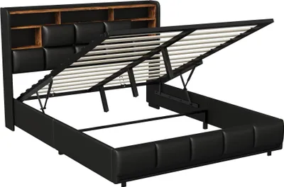 Obrázek produktu pro Čalouněný rám postele – manželská postel 160 × 200 cm – hydraulický úložný prostor – LED osvětlení – nabíjecí port