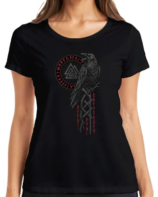 Produktbild von Wikinger Rabe Valknut Runen Odin Wotansknoten Nordisch Walhalla Damen T-Shirt, Schwarz, 3XL