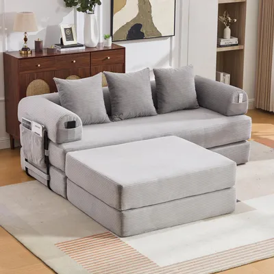 Produktbild von MODFU Modulares Sofa 3‑Sitzer mit Seitentasche und 3 bequemen Kissen Schlafsofa Wohnzimmersofa mit Hocker Loungesofa Wohnzimmersofa mit stabilem Metallrahmen Hellgrau