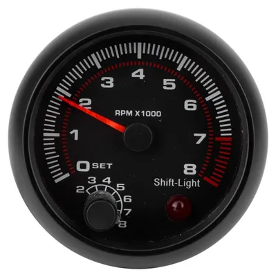 Imagen del producto de Tacómetro universal negro, para vehículos de gasolina, con rango de 0 a 8000 RPM y voltaje de 12V