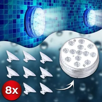 A collage of underwater pool lights and suction cups, with a tiled pool wall background.