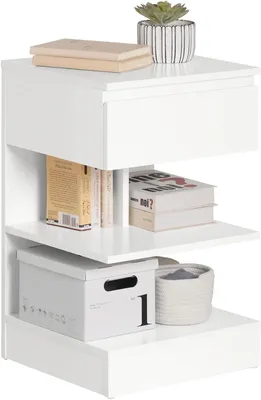 Productafbeelding van Bijzettafeltje of nachtkastje met 1 lade en 3 opbergvakken, Scandinavisch design, ideaal voor de woonkamer of slaapkamer, wit, 39 x 65 x 39 cm