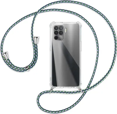 Produktbild von Handykette Backcover-Schutzhülle mit Band (Metall silberfarben) für Oppo Reno5 Lite (CPH2205, 6.43'') - grün/blau/weiß
