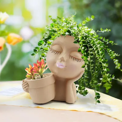 Produktbild von Niedliche Mädchen Gesicht Blumentopf Kunstharz Pflanzer - Niedliches Damen Gesicht für Innen und Außen Beige