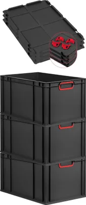 Produktbild von SuperSparSet 3x Eurobox NextGen Color mit Auflagedeckel und Schiebeschnappverschlüsse | HxBxT 32x40x60cm | 65 Liter | Schwarz | Griffe rot geschlossen | Verstärkter Boden | Eurobehälter, Transportbox, Transportbehälter, Stapelbehälter
