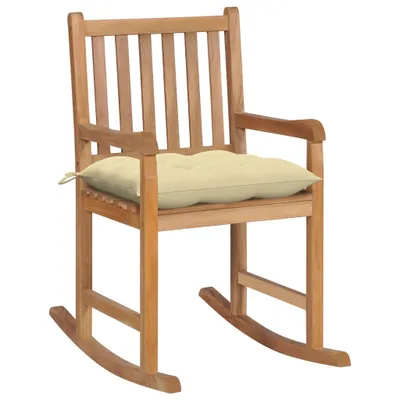 Productafbeelding van Schommelstoel van teakhout met een crème-witte kussen, afmetingen: 58 x 106 x 92,5 cm