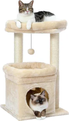 Produktbild von Kleiner Kratzbaum mit mehreren Ebenen, sisalbeschichtetem Pfosten, gemütlichem Katzenhaus und großem Sitzplatz