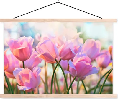 Produktbild von MuchoWow® Textilposter Tulpen - Rosa - Frühling 120x80 cm mit holzfarbenen Rahmen - Aufhängeset