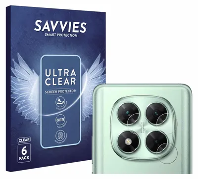 A product packaging box and a close-up of a phone camera lens protector are shown.