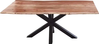 Produktbild von Esszimmertisch 220x100cm Toledo, echte Baumkante, Akazienholz naturfarben, massiver Baumkantentisch mit Spider-Gestell Mattschwarz