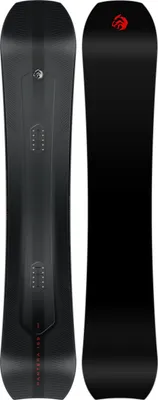 A black snowboard is shown from the top and bottom views against a white background.