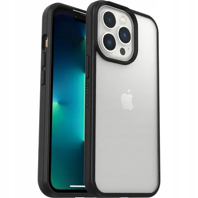 A clear product shot of an iPhone 13 Pro in a transparent black OtterBox React case.