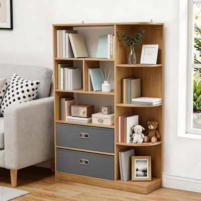 Image de Étagère bibliothèque avec 8 étagères ouvertes et 2 tiroirs, finition chêne, dimensions : 80 x 24 x 115 cm