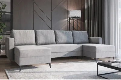 Produktbild von Easy4You Ecksofa Grau JORD U-Form – 303x94x145 cm - Schlafsofa mit Bettkasten und Schlaffunktion - Eckcouch mit Stauraum, Metallfüße und Kissen – Stoff Manila 16