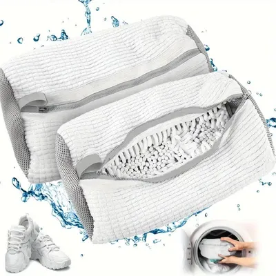 Zdjęcie produktu dla 2-częściowa torba do prania butów Premium Edition 2025 do pralki, torba do prania butów sneakersowych z puchem czyszczącym 360° i zamkiem błyskawicznym.