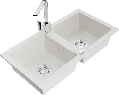 Produktbild von Mexen Mario 2-Becken-Granitspüle mit Mischbatterie Rita, Weiß - 6504-20-670300-00