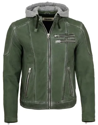 Produktbild von Punchball - Herren Lederjacke Kapuze Lammnubuk grün antik : 60