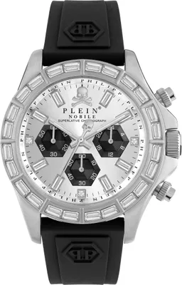 A close-up studio shot of a men's chronograph watch with a silver dial, black sub-dials, and a diamond-encrusted bezel, set against a white background.