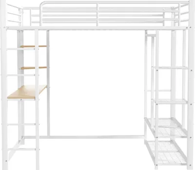 Produktbild von Flieks Etagenbett 90x200cm mit Schreibtisch, Kinderbett Metallbett mit Regal, Hochbett mit Rausfallschutz und Lattenrost, Einzelbett Stockbett, Weiß