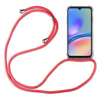 A red phone case with a lanyard attached to a Samsung Galaxy A05s phone, displayed on a white background.