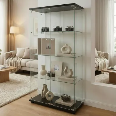 Produktbild von Glasvitrine Schwarz 80,6 x 36,5 x 164,5 cm mit 2 abschließbaren Türen und 3 Glasböden