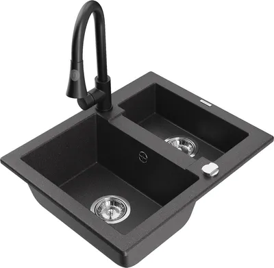 Produktbild von Mexen Carlos 1,5-Becken-Granitspüle mit Mischbatterie Elia, Schwarz gesprenkelt - 6518-76-670101-70