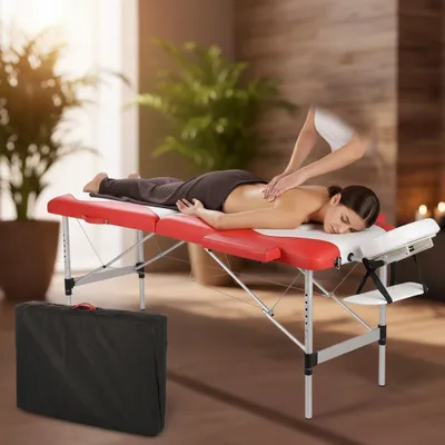 Produktbild von ALUMINIUM 2 ZONEN  MASSAGELIEGE MASSAGEBANK ALU LIEGE WEIß / ROT - 12,5 KG NEU
