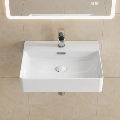 Produktbild von HOROW 50cm Waschbecken Wandmontage Waschtisch Keramik Hängewaschbecken Rechteckig Aufsatzwaschbecken mit Hahnloch und Überlauf für Klein Gäste WC