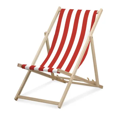 Image de Chaise longue - à larges rayures - rouge - pliable - en bois de hêtre - supporte jusqu'à 95kg - dossier réglable en 3 positions - Chaise longue de plage