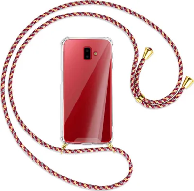 Produktbild von Handykette Backcover-Schutzhülle mit Band (Metall goldfarben) für Samsung Galaxy J6 Plus - weinrot/gelb/grau