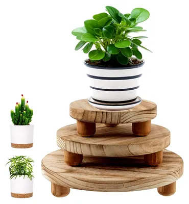 Produktbild von 3 Stück runde Holz Blumenhocker, Mini-Holzhocker für Pflanzenpräsentation, abnehmbar, für Balkon, Garten, Innenbereich