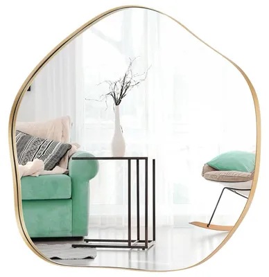 Image de Miroir mural, forme irrégulière et asymétrique, dimensions 75x70 cm, finition dorée, miroir robuste en verre HD