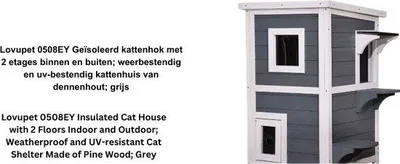 Image de Maison pour chat isolée à deux étages, résistante aux intempéries et aux UV, grise, en bois