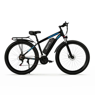 A black electric mountain bike with blue accents is shown against a white background.